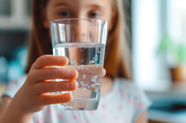 Healthy beautiful young girl holds a glass of water in kitchen smiling young girl drinking fresh water from glass