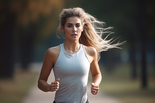 здоровая и красивая молодая бегунья в спортивной одежде, тренирующаяся на свежем воздухе в парке