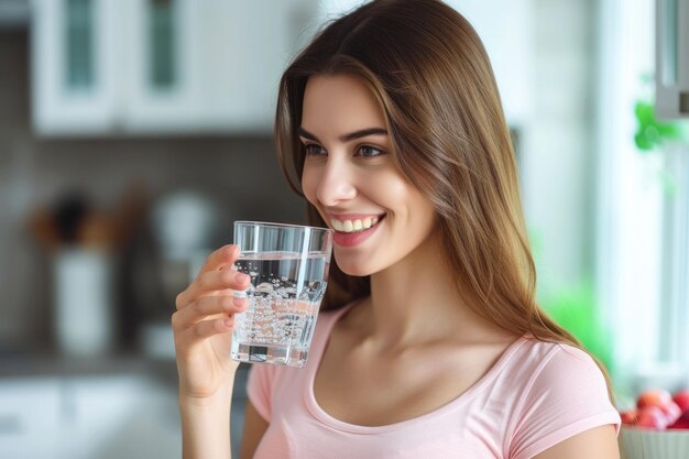 Healthy beautiful young woman holds a glass of water in kitchen smiling young girl drinking fresh water from glass