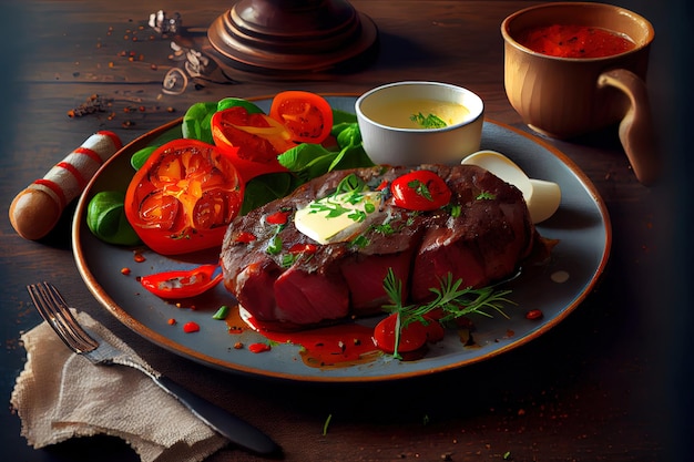 Healthy Beef Steak with Butter and Baked tomato