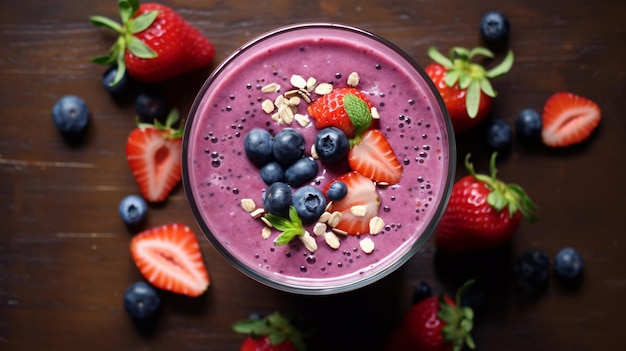 Healthy berry breakfast smoothie top view