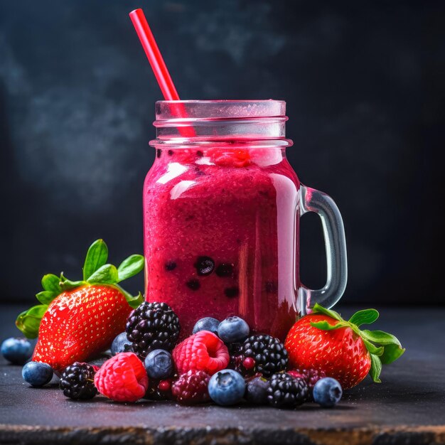 Healthy berry smoothie in a jar on a wooden table Generative AI