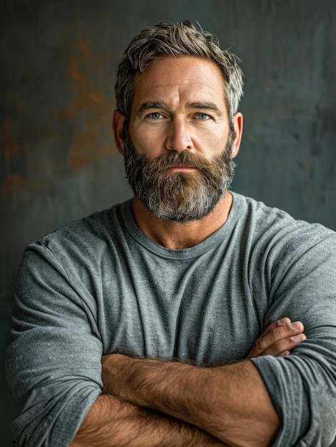 Foto uomo enorme, sano, forte e potente, con la barba e muscoli pompati, in ottima forma fisica, professione lavorativa