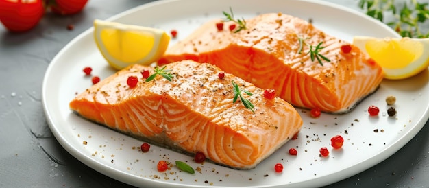 Healthy boiled salmon fillet on a white plate is recommended for a diet