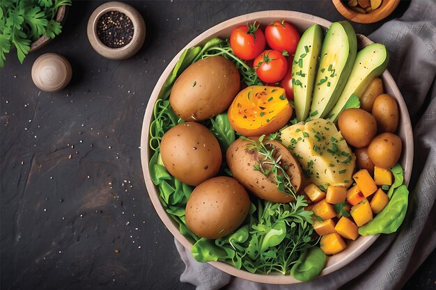 Foto healthy bowl of vegetable salad with boiled potato avocado tomato cucumber bell pepper and sesame seeds