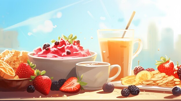 Healthy breakfast background with sunlight