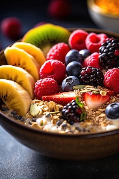 Foto una ciotola per la colazione sana piena di frutta e cereali colorati