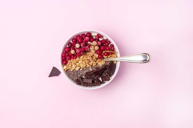 Healthy breakfast Bowl Smoothie with Granola Red Currant Chia Seed Vegan Chocolate Diet Healthy