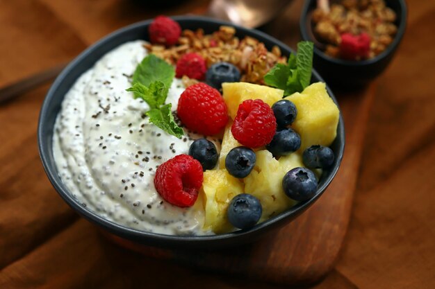 Healthy breakfast bowl with chia yogurt crunches and fruits