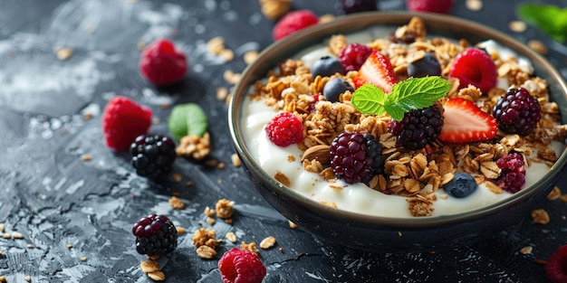 healthy breakfast bowl with yogurt mixed berries and crunchy granola on a dark wooden table top view