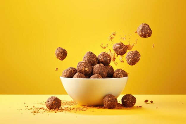 Healthy breakfast cereal with chocolate corn balls falling into a bowl on a yellow background with