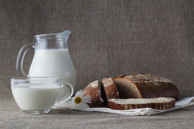 Healthy breakfast concept. Bread with milk