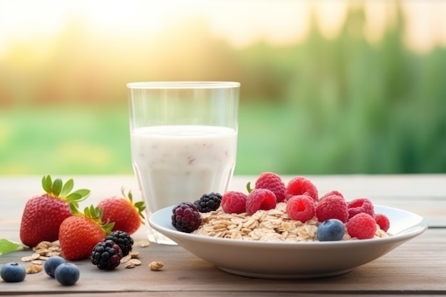 Healthy breakfast concept with oatmeal berries vegan oat milk and ripe cereal field