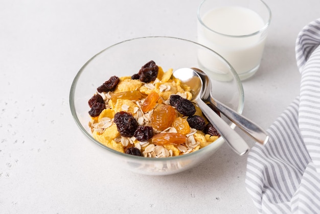 Healthy breakfast, diet culture. Fresh granola, muesli with raisins. Copy space