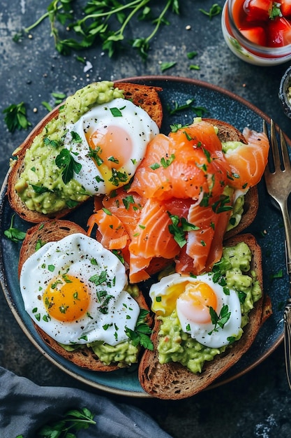 Foto colazione sana fast food pranzo colazione con pesce rosso avocado e uova per colazione