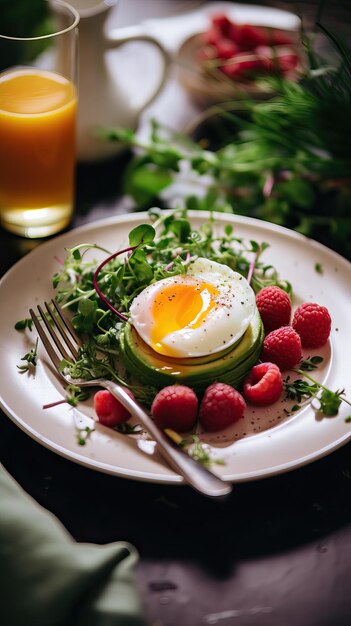 Healthy breakfast fried eggs arugula orange juice raspberries Created using generative AI tools