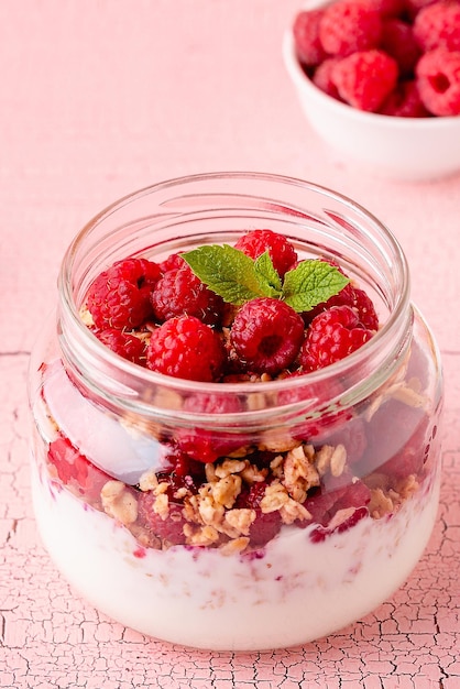 Healthy breakfast Granola muesli yoghurt and fruit