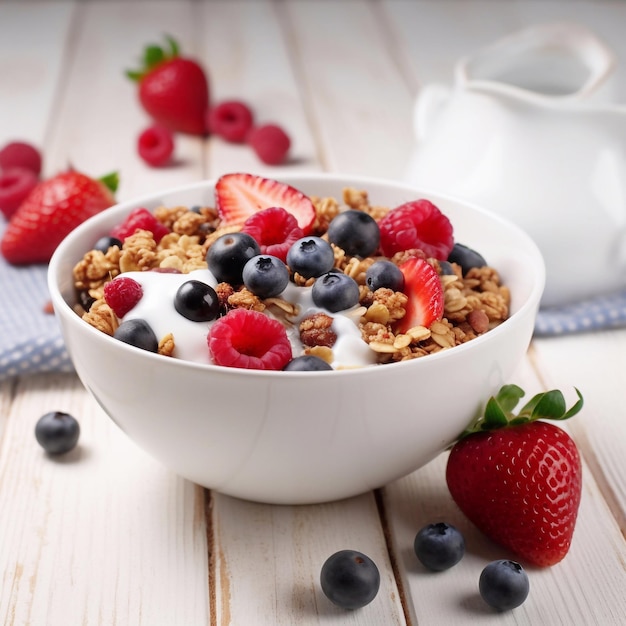 Healthy breakfast granola with fresh strawberry and blueberry Generative AI