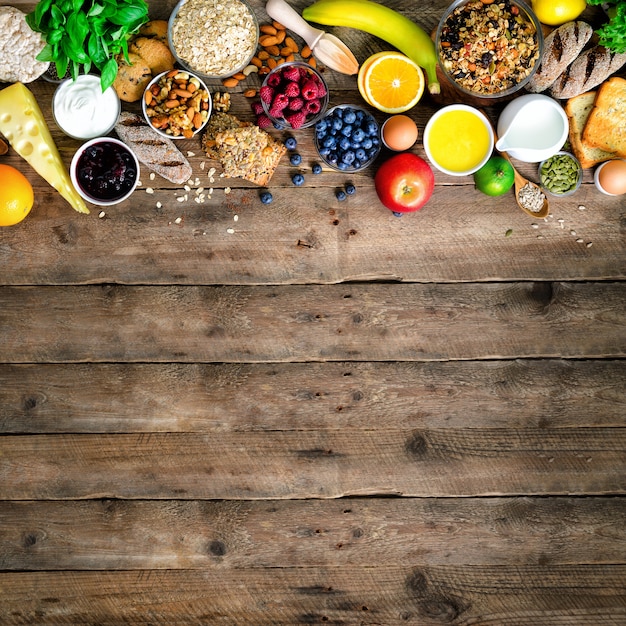 Healthy breakfast ingredients, food frame. 