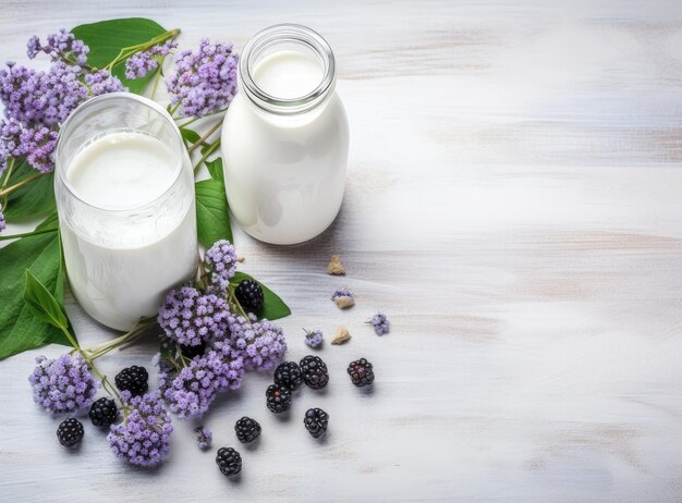 Healthy breakfast ingredients Homemade granola in open glass jar milk or yogurt bottle blueberries and mint on white wooden background top view copy space Created with Generative AI technology