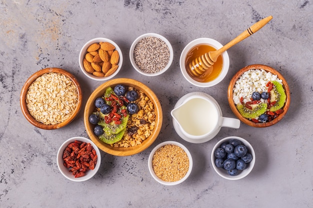 Healthy breakfast ingredients, top view, copy space.