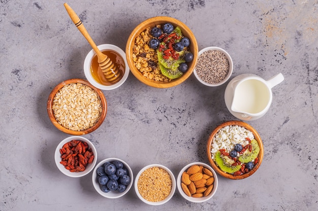 Healthy breakfast ingredients, top view, copy space.