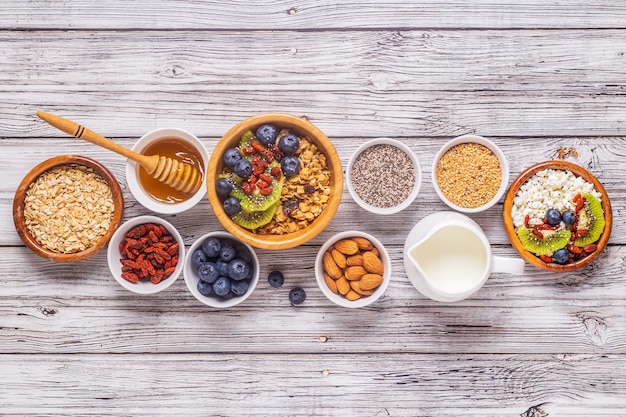 Photo healthy breakfast ingredients, top view, copy space.