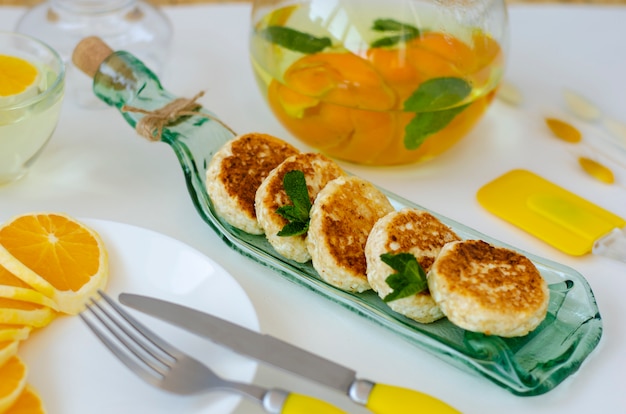 Healthy breakfast made of pancakes from cottage cheese 