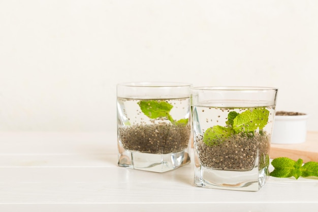 Healthy breakfast or morning with chia seeds lemon and mint on table background vegetarian food diet and health concept Chia pudding with lemon and mint