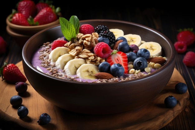 Healthy breakfast Oatmeal porridge with fruit and berries in bowl with spoon on wooden background AI