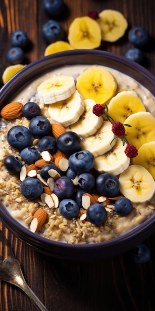 Healthy breakfast Oatmeal porridge with fruit and berries in bowl with spoon on wooden background AI