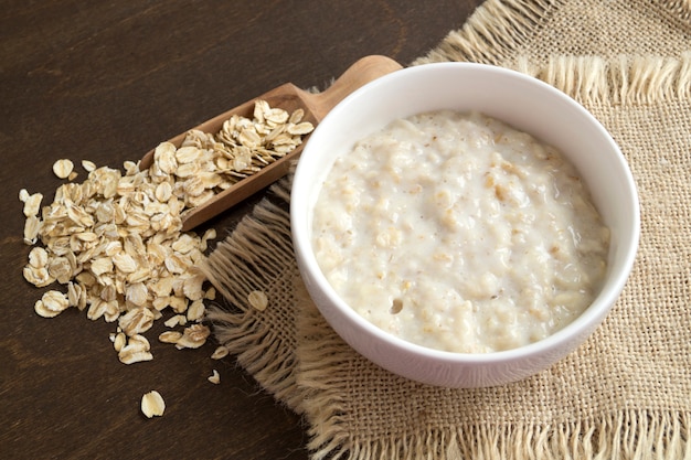 Healthy Breakfast. Oatmeal in a white bowl