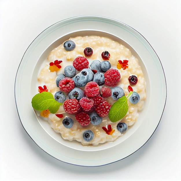 Healthy breakfast porridge with berries on a plate isolate on a white background Generative AI