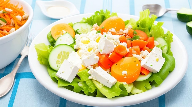 Healthy breakfast salad with feta cheese eggs cucumber and carrot healthy balanced food