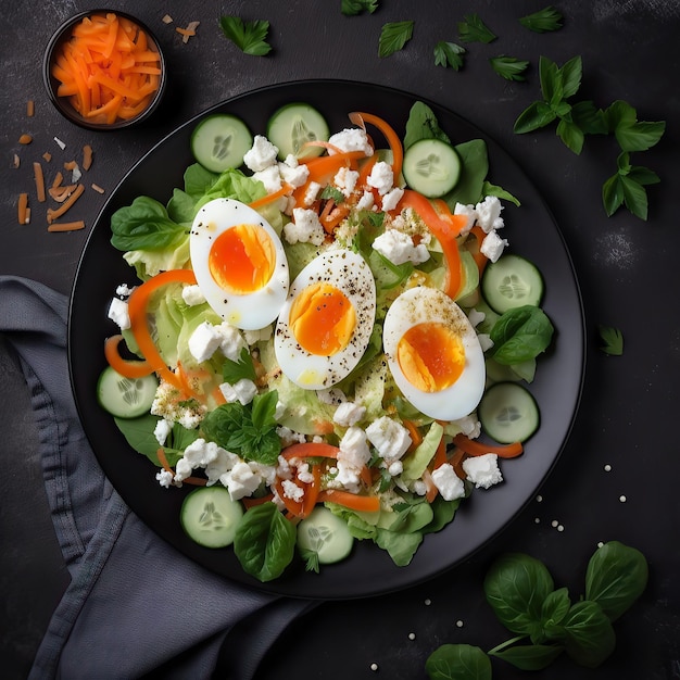 Photo healthy breakfast salad with feta cheese eggs cucumber carrot healthy food top view generative ai