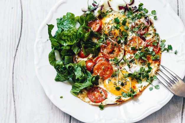 Healthy breakfast scrambled eggs with microgreens and romaine leaves close-up.