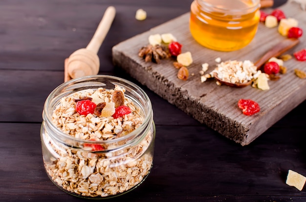 Healthy Breakfast set Granola in glass jar