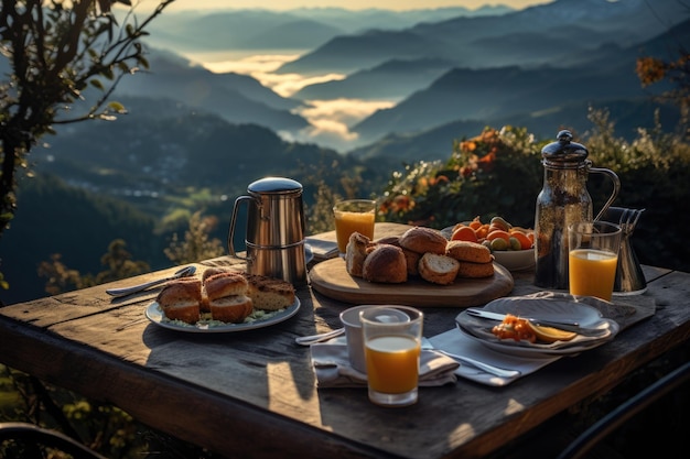 산을 볼 수 있는 나무 테이블 위에 과일 페이스트리와 음료를 가진 건강한 아침 식사 세트