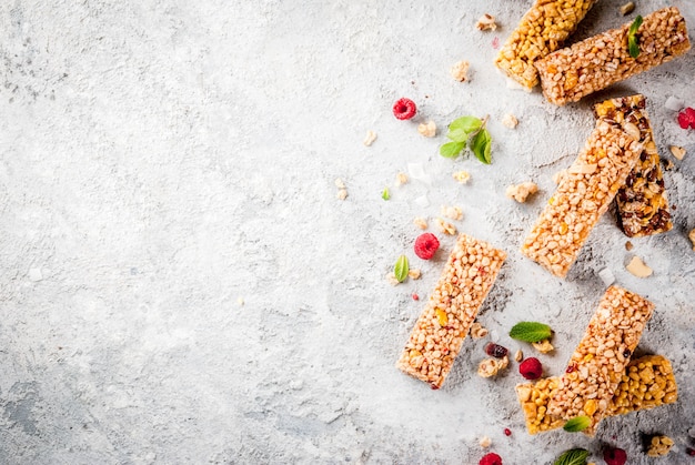 Healthy breakfast and snack concept, homemade granola bars 