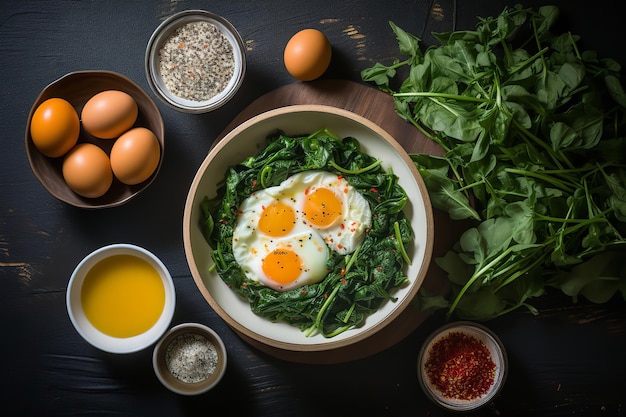 Healthy Breakfast Spread with Eggs and Spinach