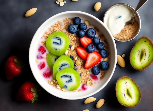 Здоровый завтрак с йогуртом, мюсли, ягодами и ломтиками банана, созданный искусственным интеллектом
