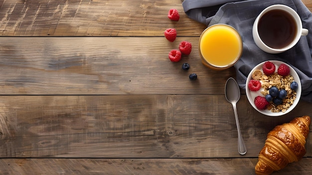 Healthy breakfast spread on a wooden table wholesome start to the day top view of morning meal natural light simple setting ideal for food blogs AI