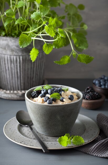 Healthy breakfast steel cut oatmeal porridge with blueberry blackberry