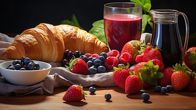 Foto tavolo per una sana colazione con croissant