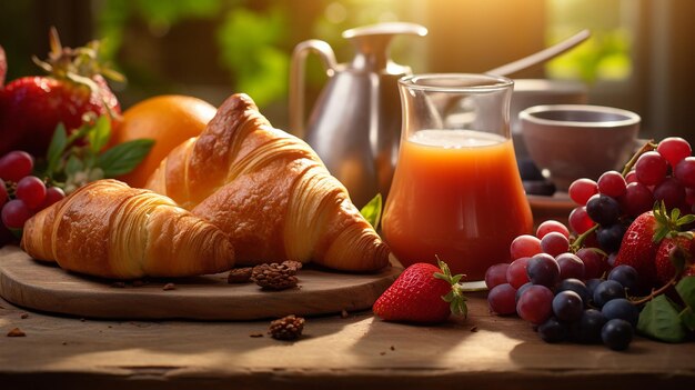 新鮮 な クロアサン と 飲み物 を 持っ て いる 健康 的 な 朝食 テーブル