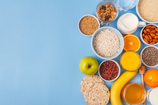 Healthy breakfast top view closeup