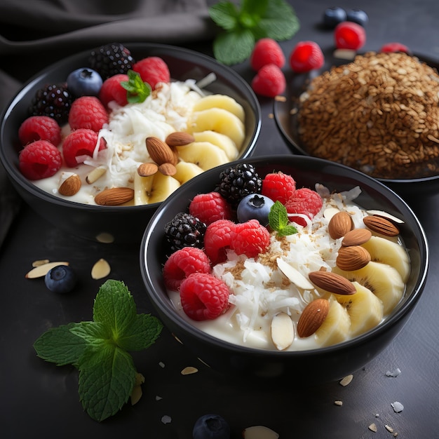 Foto una colazione sana con una ciotola di yogurt alla granola e bacche fresche