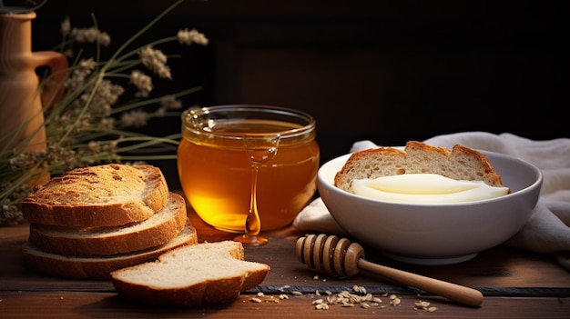 Здоровый завтрак с хлебом, медом и молоком на столе