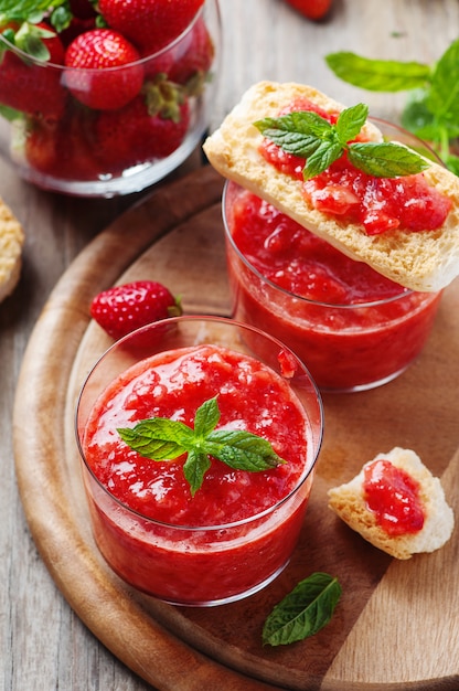 Healthy breakfast with bread and strawberry jam