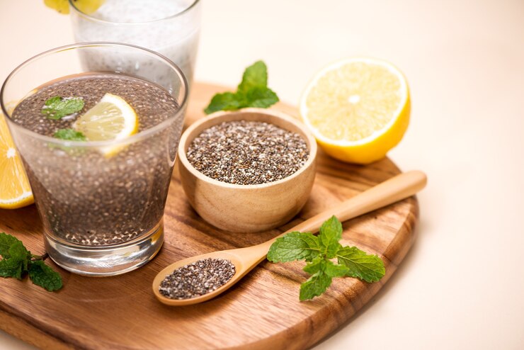 Healthy breakfast with chia pudding in glass